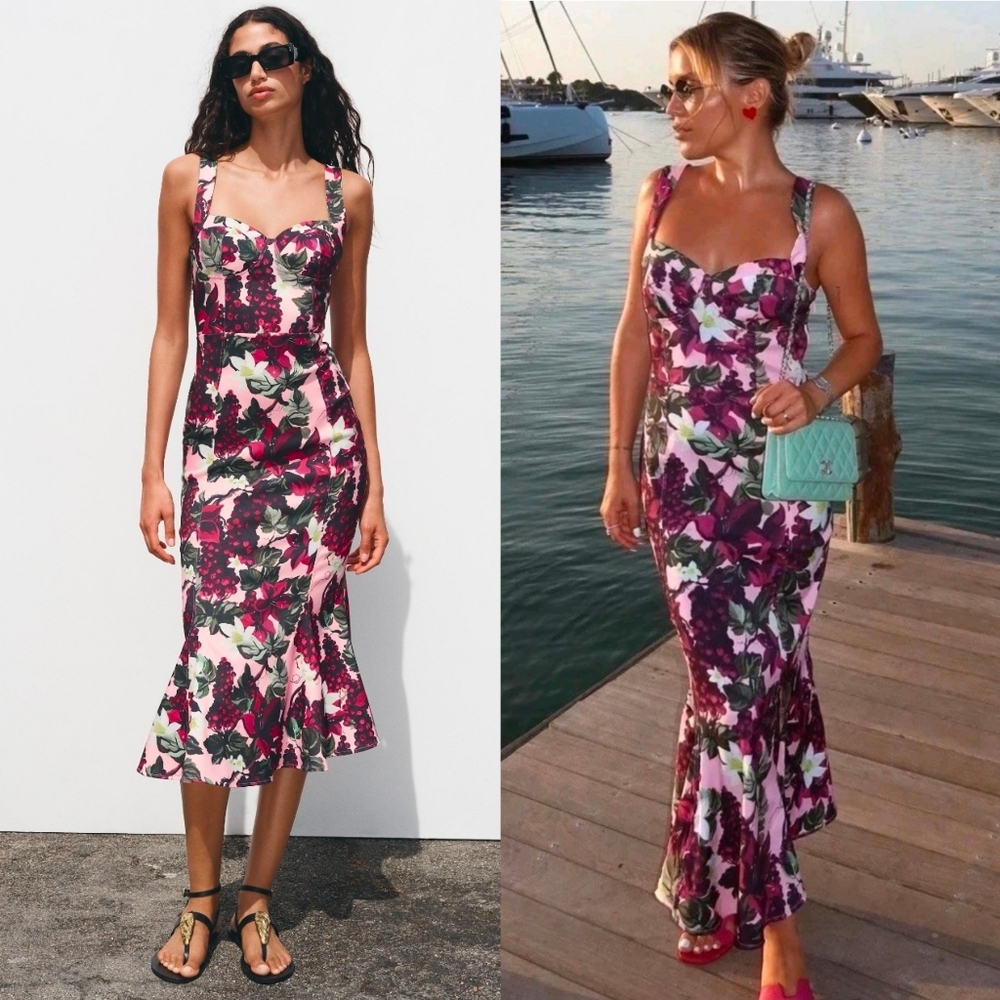 Zara Floral Midi Dress in White, Pink, Burgundy and Green